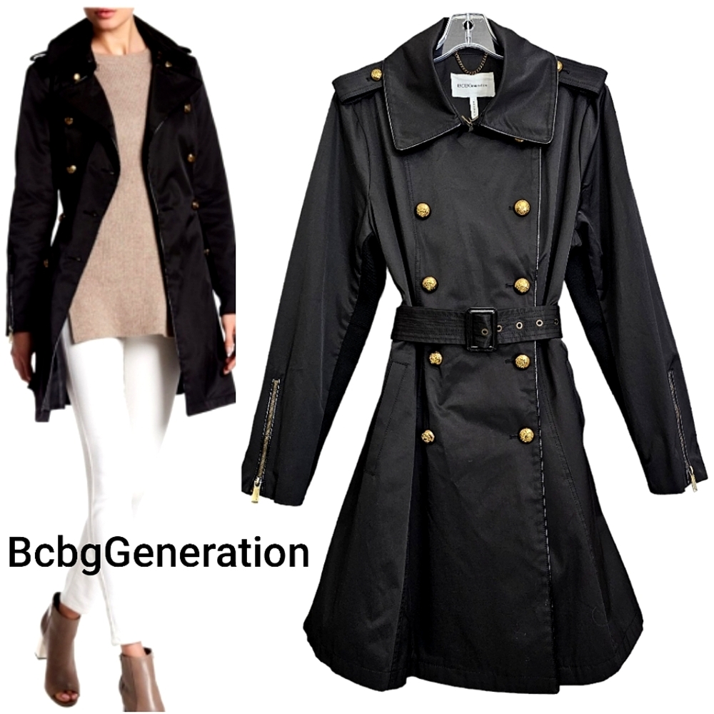 BcbgGeneration Black Double-breasted Ornate Gold Zip Longsleeve Trenchco…